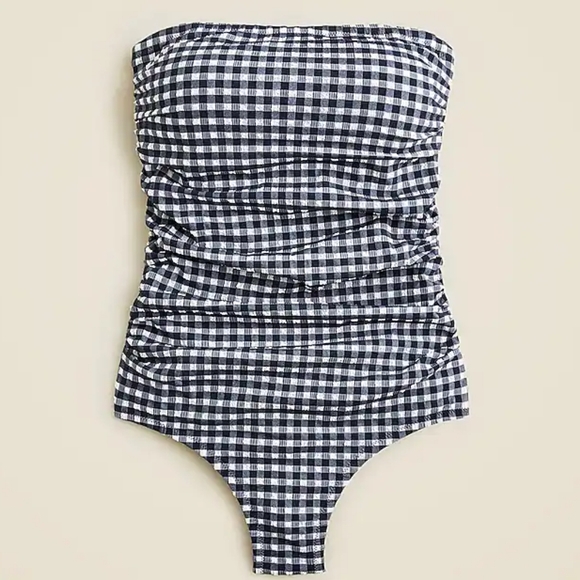 J. Crew Blue and White Ruched Bandeau One-Piece Gingham Bathing Suit Size 20 - Picture 4 of 9